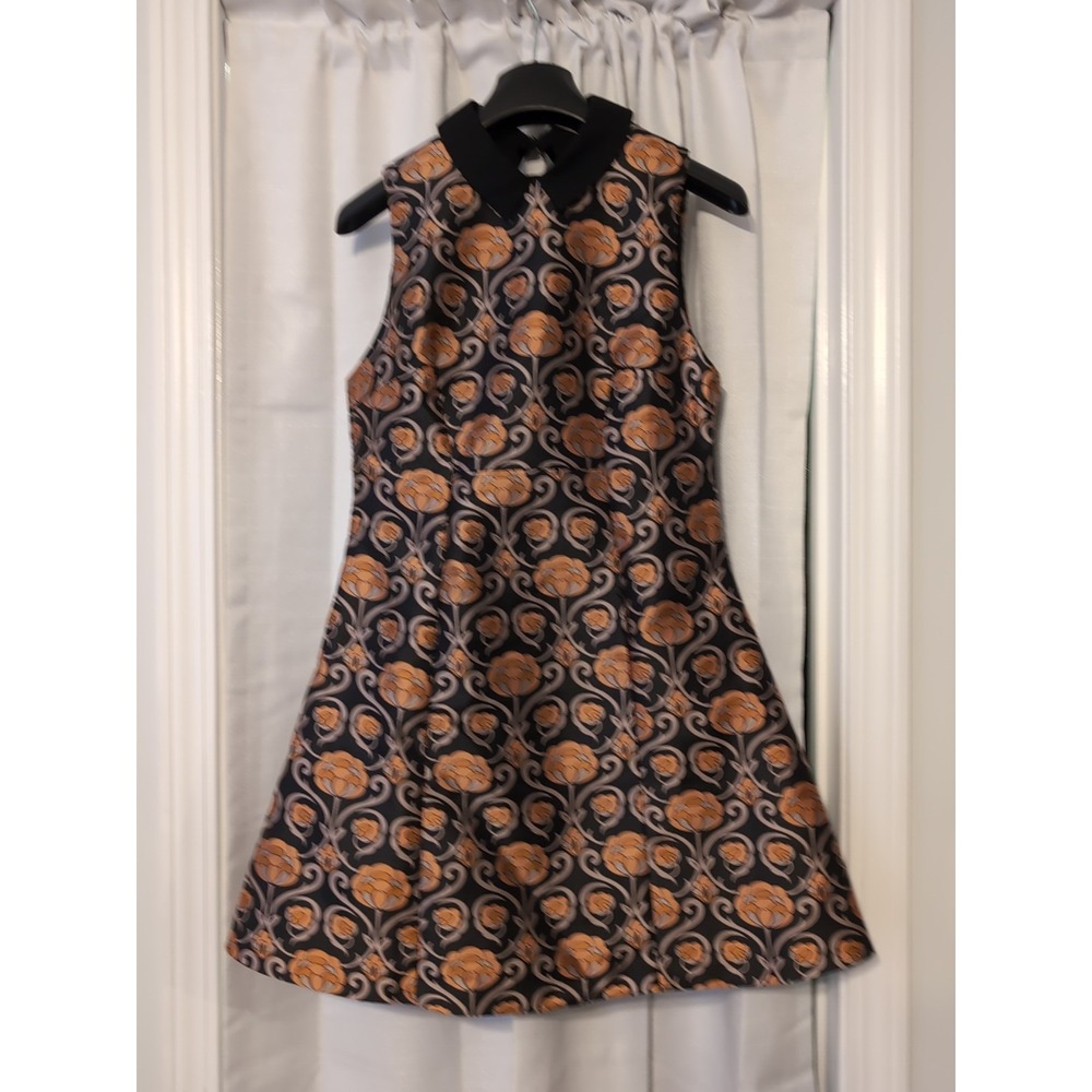 Topshop Brocade Fit N' Flare Floral Sleeveless Dress Black Collar XS Coquette Y2